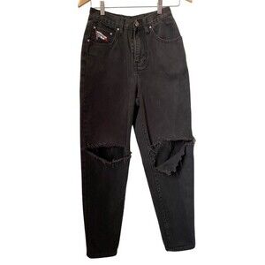 Vintage Faconnable Distressed Logo Black Faded Denim High Waist Mom Jean- Size 4